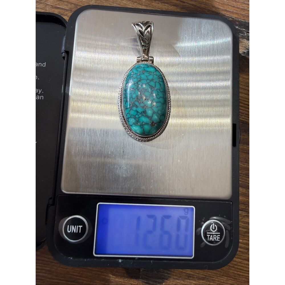 Sterling Silver Spiderweb Turquoise Pendant Large Oval Blue Stone Statement 12.6